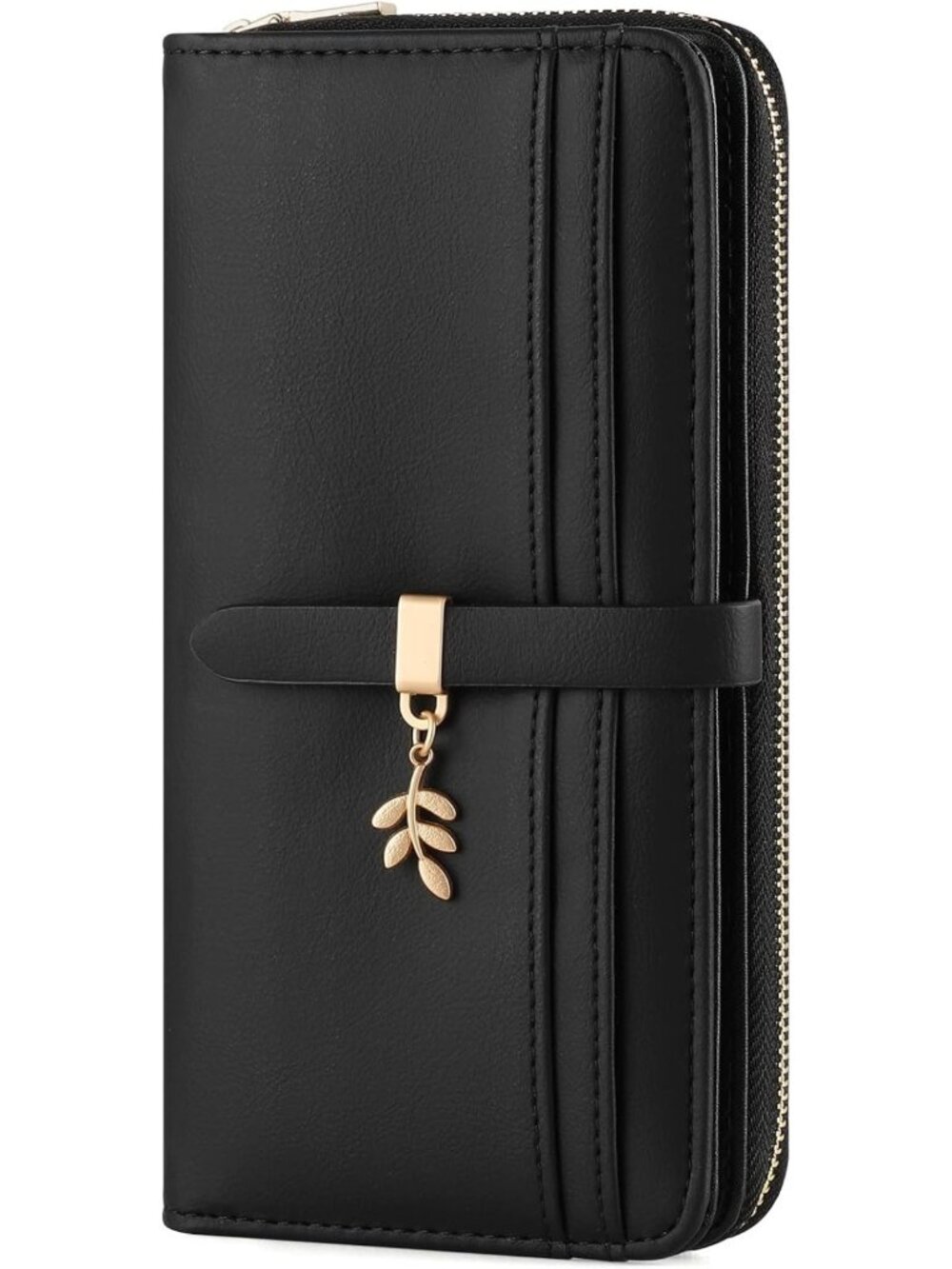 Large Capacity Women's Wallet with Leaf Pendant - Stylish Black Design